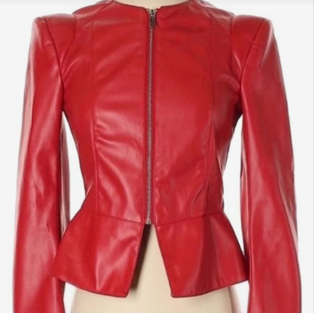 ZARA Faux Leather Red Peplum Jacket Blazer Zip Closure Shoulder Pads Size S